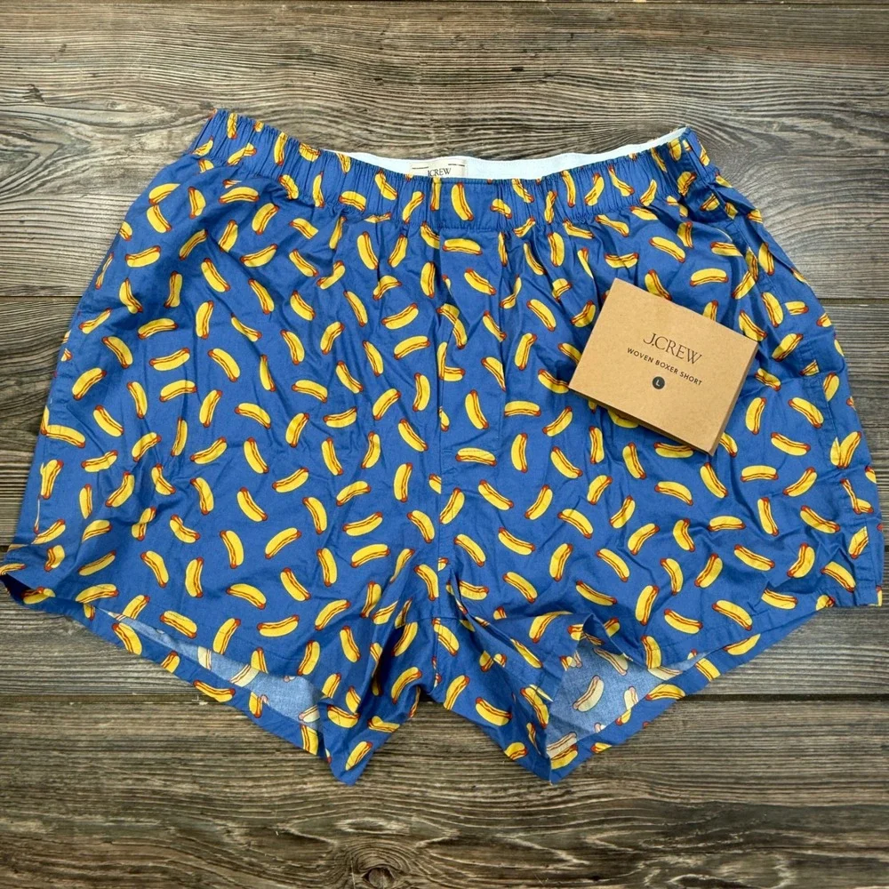 J.Crew Mens L Woven Boxer Short Blue Hot Dog Print Novelty Cotton NWT
